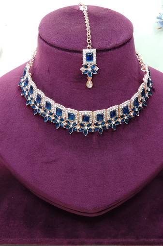 Blue rose gold premium designer american diamond and stone work necklace set