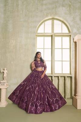 Wine Net Embroidered & Thread Work Semi Stitched Lehenga Choli 4