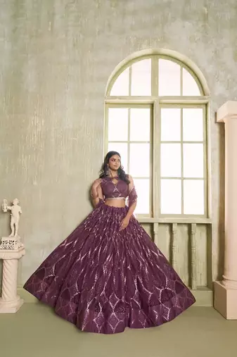 Wine Net Embroidered & Thread Work Semi Stitched Lehenga Choli
