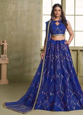 Royal Blue Net Embroidered & Thread Work Semi Stitched Lehenga Choli 1