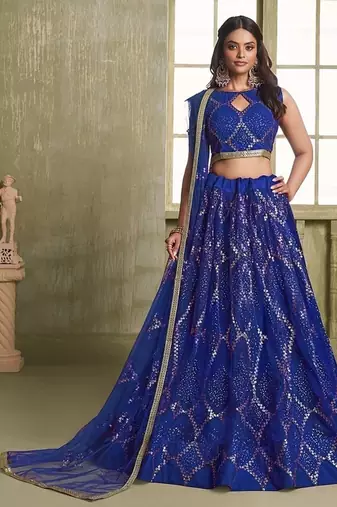 Royal Blue Net Embroidered & Thread Work Semi Stitched Lehenga Choli