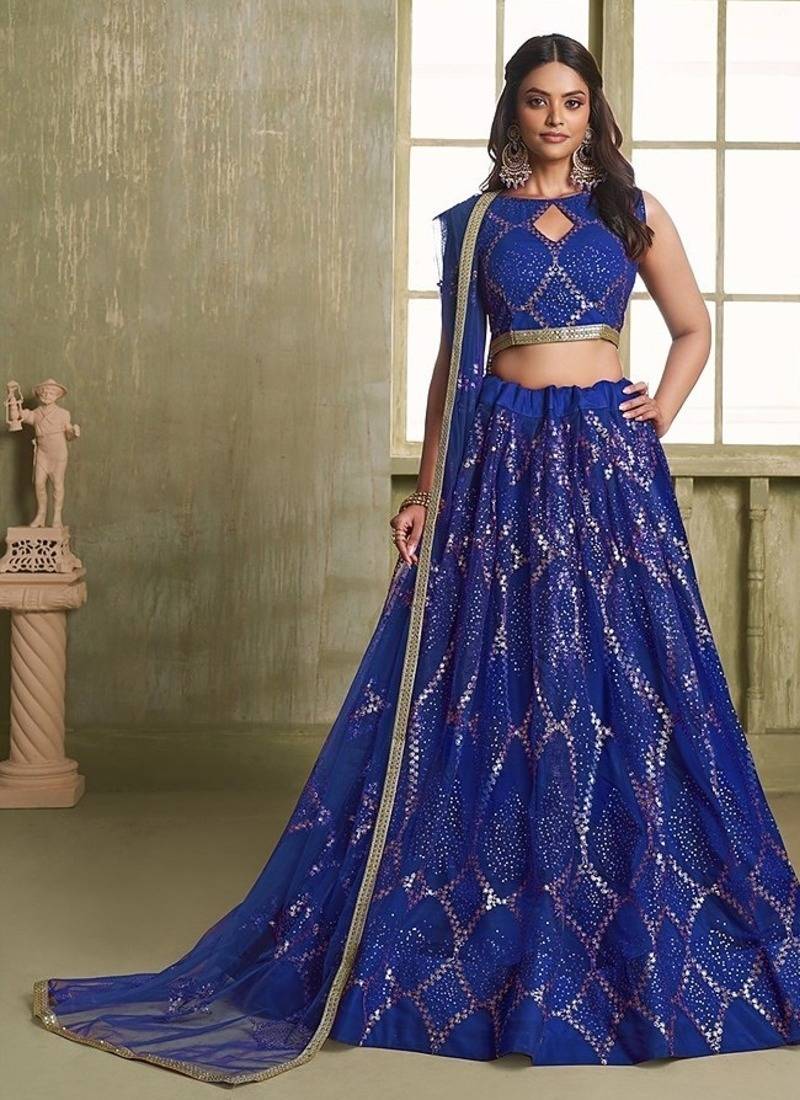 Royal Blue Net Embroidered & Thread Work Semi Stitched Lehenga Choli