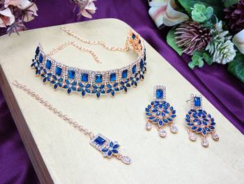 Blue rose gold premium designer american diamond and stone work necklace set 2