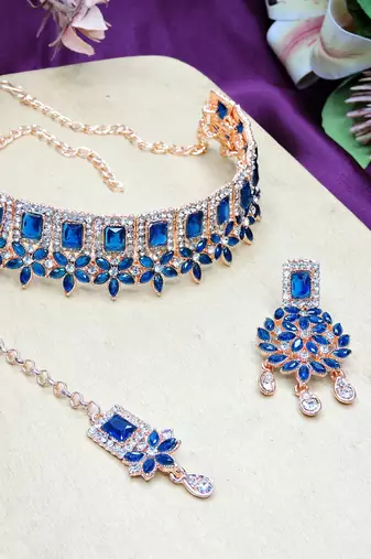Blue rose gold premium designer american diamond and stone work necklace set