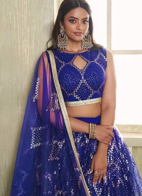 Royal Blue Net Embroidered & Thread Work Semi Stitched Lehenga Choli 2