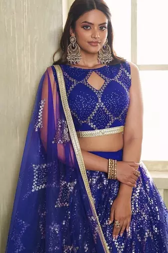 Royal Blue Net Embroidered & Thread Work Semi Stitched Lehenga Choli