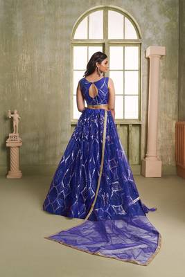 Royal Blue Net Embroidered & Thread Work Semi Stitched Lehenga Choli 3