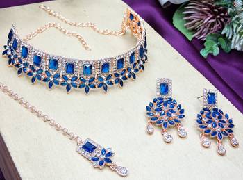 Blue rose gold premium designer american diamond and stone work necklace set 3