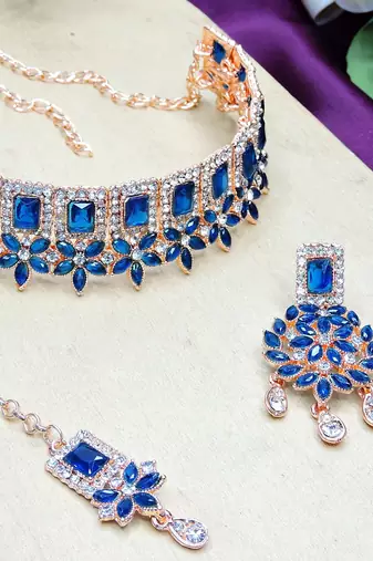 Blue rose gold premium designer american diamond and stone work necklace set