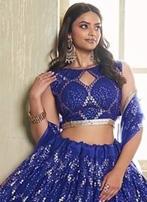 Royal Blue Net Embroidered & Thread Work Semi Stitched Lehenga Choli 4