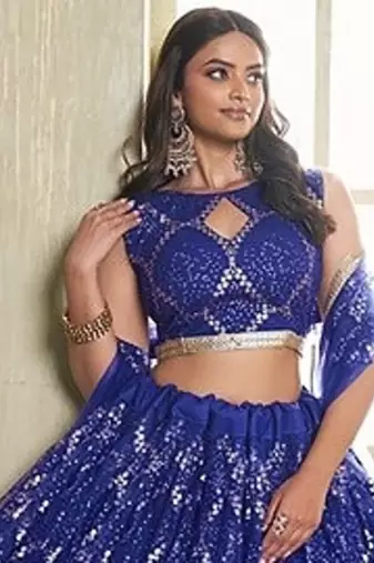 Royal Blue Net Embroidered & Thread Work Semi Stitched Lehenga Choli