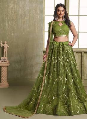 Green Net Embroidered & Thread Work Semi Stitched Lehenga Choli 1