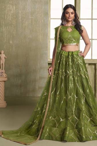 Green Net Embroidered & Thread Work Semi Stitched Lehenga Choli