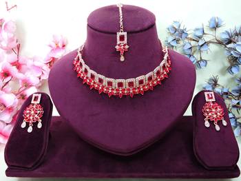 Pink rose gold premium designer american diamond and stone work necklace set 1