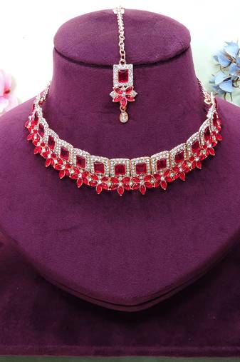 Pink rose gold premium designer american diamond and stone work necklace set