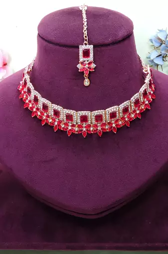 Pink rose gold premium designer american diamond and stone work necklace set