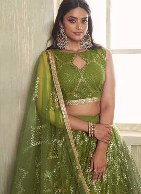 Green Net Embroidered & Thread Work Semi Stitched Lehenga Choli 2