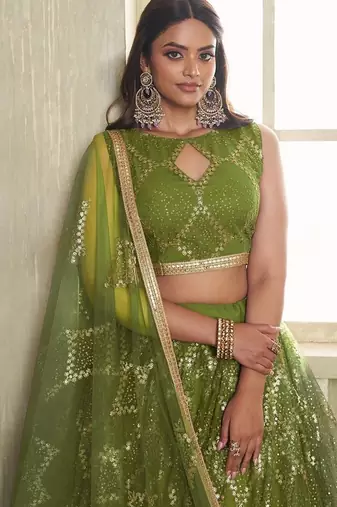 Green Net Embroidered & Thread Work Semi Stitched Lehenga Choli