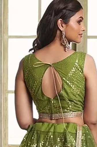 Green Net Embroidered & Thread Work Semi Stitched Lehenga Choli