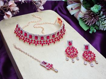 Pink rose gold premium designer american diamond and stone work necklace set 2
