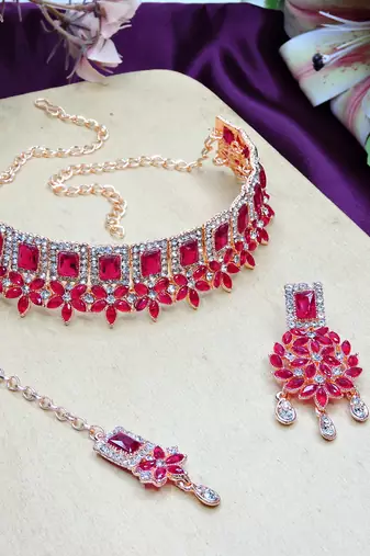Pink rose gold premium designer american diamond and stone work necklace set