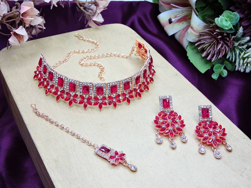 Pink rose gold premium designer american diamond and stone work necklace set