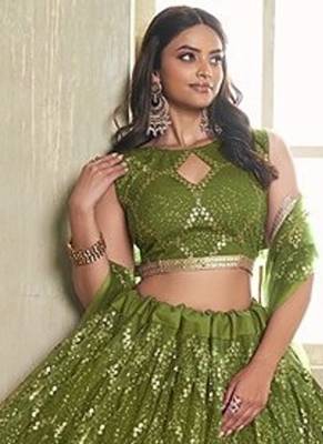 Green Net Embroidered & Thread Work Semi Stitched Lehenga Choli 4