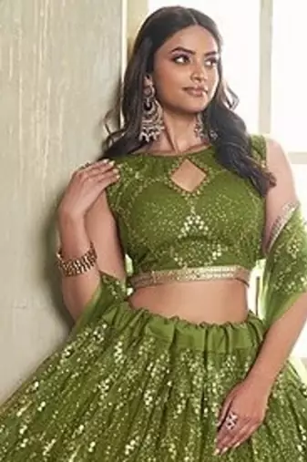 Green Net Embroidered & Thread Work Semi Stitched Lehenga Choli