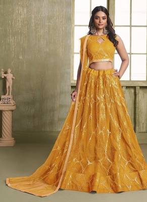 Yellow Net Embroidered & Thread Work Semi Stitched Lehenga Choli 1