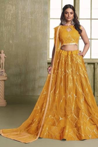Yellow Net Embroidered & Thread Work Semi Stitched Lehenga Choli