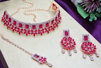 Pink rose gold premium designer american diamond and stone work necklace set 3