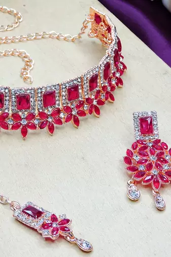 Pink rose gold premium designer american diamond and stone work necklace set