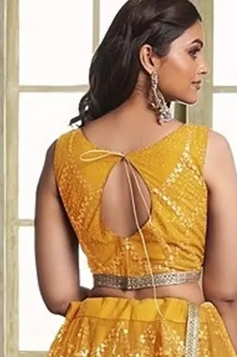 Yellow Net Embroidered & Thread Work Semi Stitched Lehenga Choli