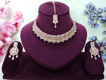 White rose gold premium designer american diamond and stone work necklace set 1