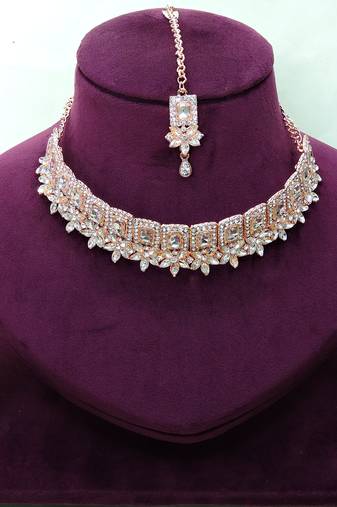 White rose gold premium designer american diamond and stone work necklace set