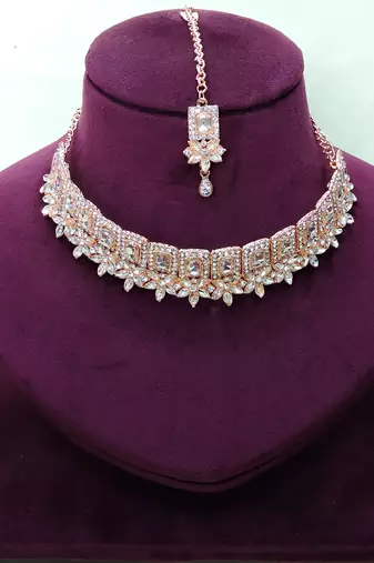 White rose gold premium designer american diamond and stone work necklace set