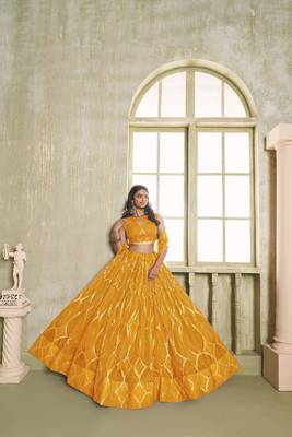Yellow Net Embroidered & Thread Work Semi Stitched Lehenga Choli 4