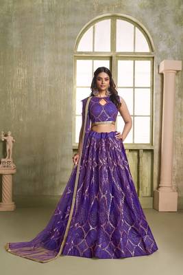 Violet Net Embroidered & Thread Work Semi Stitched Lehenga Choli 1
