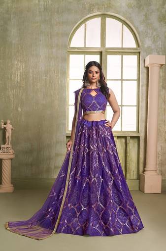 Violet Net Embroidered & Thread Work Semi Stitched Lehenga Choli