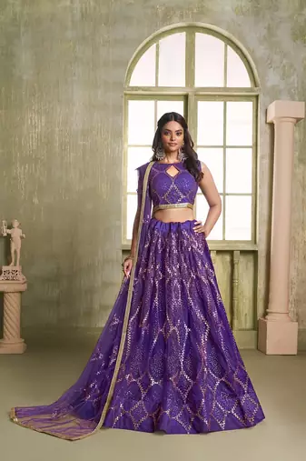 Violet Net Embroidered & Thread Work Semi Stitched Lehenga Choli
