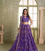 Violet Net Embroidered & Thread Work Semi Stitched Lehenga Choli