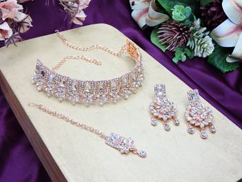 White rose gold premium designer american diamond and stone work necklace set 2
