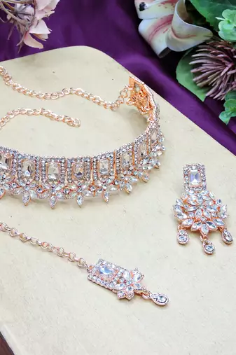 White rose gold premium designer american diamond and stone work necklace set