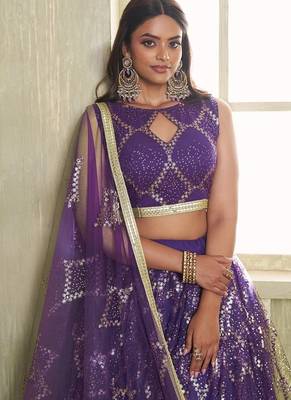 Violet Net Embroidered & Thread Work Semi Stitched Lehenga Choli 2