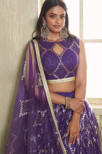 Violet Net Embroidered & Thread Work Semi Stitched Lehenga Choli