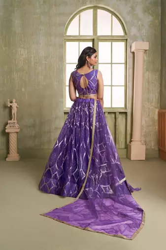 Violet Net Embroidered & Thread Work Semi Stitched Lehenga Choli