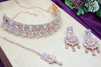 White rose gold premium designer american diamond and stone work necklace set 3