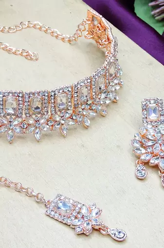 White rose gold premium designer american diamond and stone work necklace set