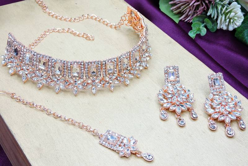 White rose gold premium designer american diamond and stone work necklace set