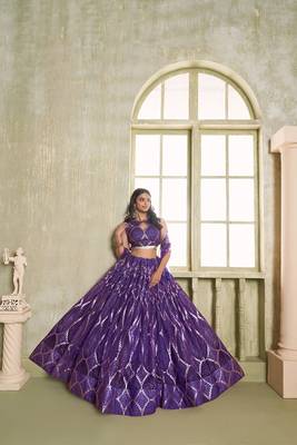 Violet Net Embroidered & Thread Work Semi Stitched Lehenga Choli 4